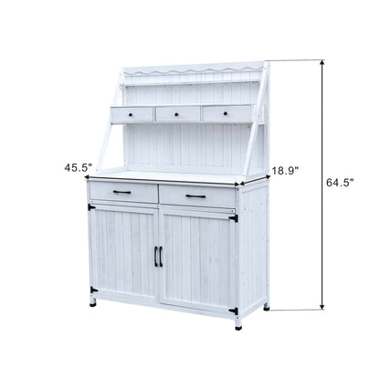 GDFStudio Farmhouse Outdoor Storage Bench Table with Cabinet, Fir Wood Potting Bench Plant Bench, Large Garden Storage Work Bench with Drawers Removable Shelf for Backyard Patio Greenhouse, White