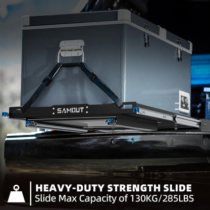 SAMOUT Fridge Slide with Chopping Board, Inner 29.2 x 18.7in, Vehicle Refrigerator Slider with 4 Buckle Straps, Max 287 LBS, 3rd Gen