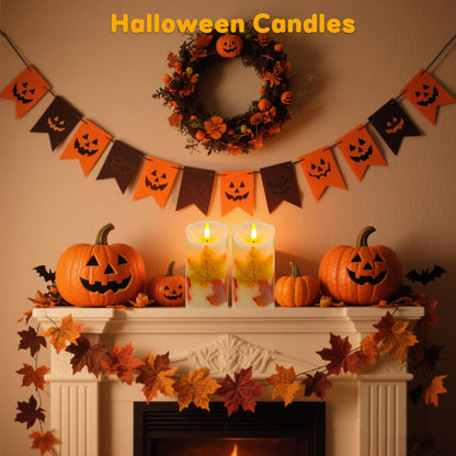 Flameless Candles Light, Set of 2 6"x3" Maple Leaf Flickering LED Candles with Remote & Timer, Dimmable Electric Pillar Candles Battery Operated, Fall Candles for Thanksgiving Harvest Autumn Decor