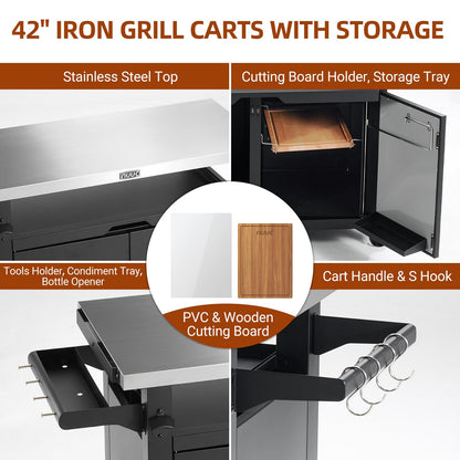 NUUK Outdoor Grill Cart with Storage Cabinet Metal Kitchen Island Prep Table with Movable Universal Wheels and Stainless Steel Top for Outside BBQ Backyard Include Hooks Spice Rack