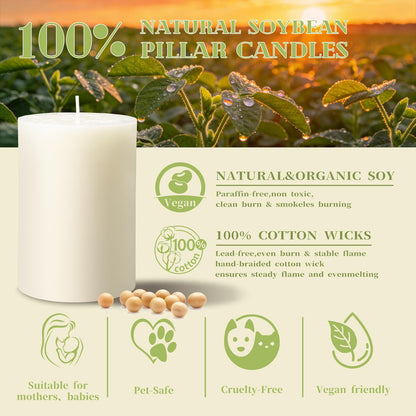 4 Pack Soy Wax White Pillar Candles,56H Long Lasting Burning,Natural Soybean Hand-Poured Pillar Candles,Smokeless,Non Toxic,Unscented for Dinner Table Centerpieces,Spa,Meditation & Wellness-2.8x4in