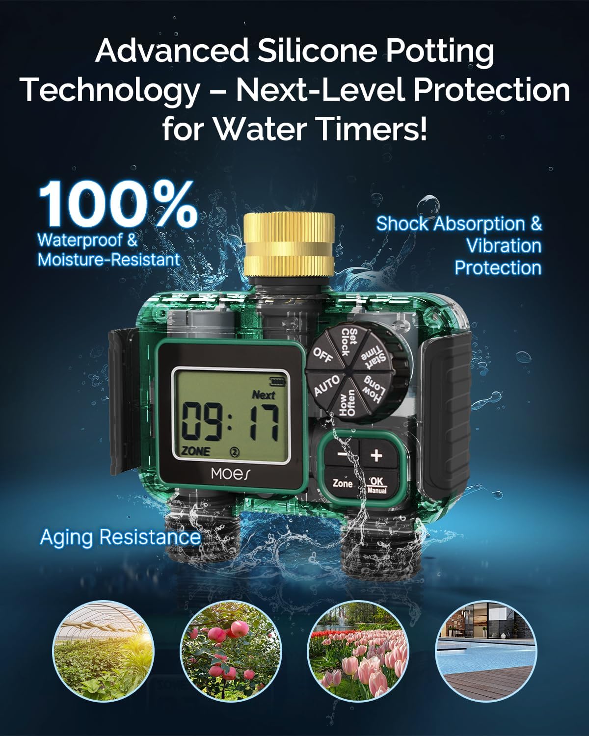 MOES 2 Zone Sprinkler Timer - Programmable Automatic Irrigation Controller with Brass Inlet & Rain Delay