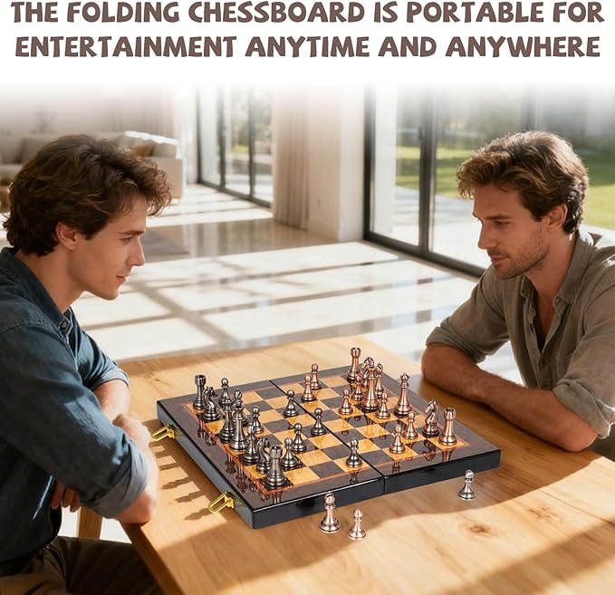 Luxury Metal Chess Set with 15 Inch Wooden Chess Board | Weighted Metal Chess Pieces | 2 Extra Queens | Professional &amp Tournament Style Chess Set for Adults | Elegant Game Room &amp Office Decor