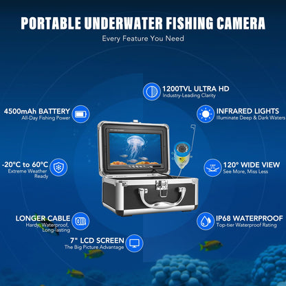 Underwater Fishing Camera, Portable Fish Finder with 7" LCD Monitor, IP68 Waterproof 1200TVL HD Fishing Camera with 12pcs White Lights for Lake Kayak Boat Ice Dark Fishing (98ft/30M Cable)