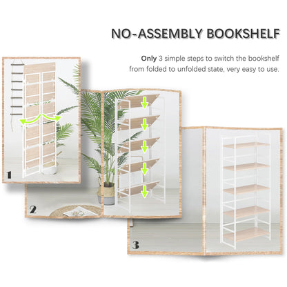 4NM No Assembly 5 Tier Collapsible Book Shelves, 51.2" H x 23.6" W Folding Bookshelf Bookcase Open Industrial Foldable Shelf for Bedroom, Living Room, Home Office - Natural White
