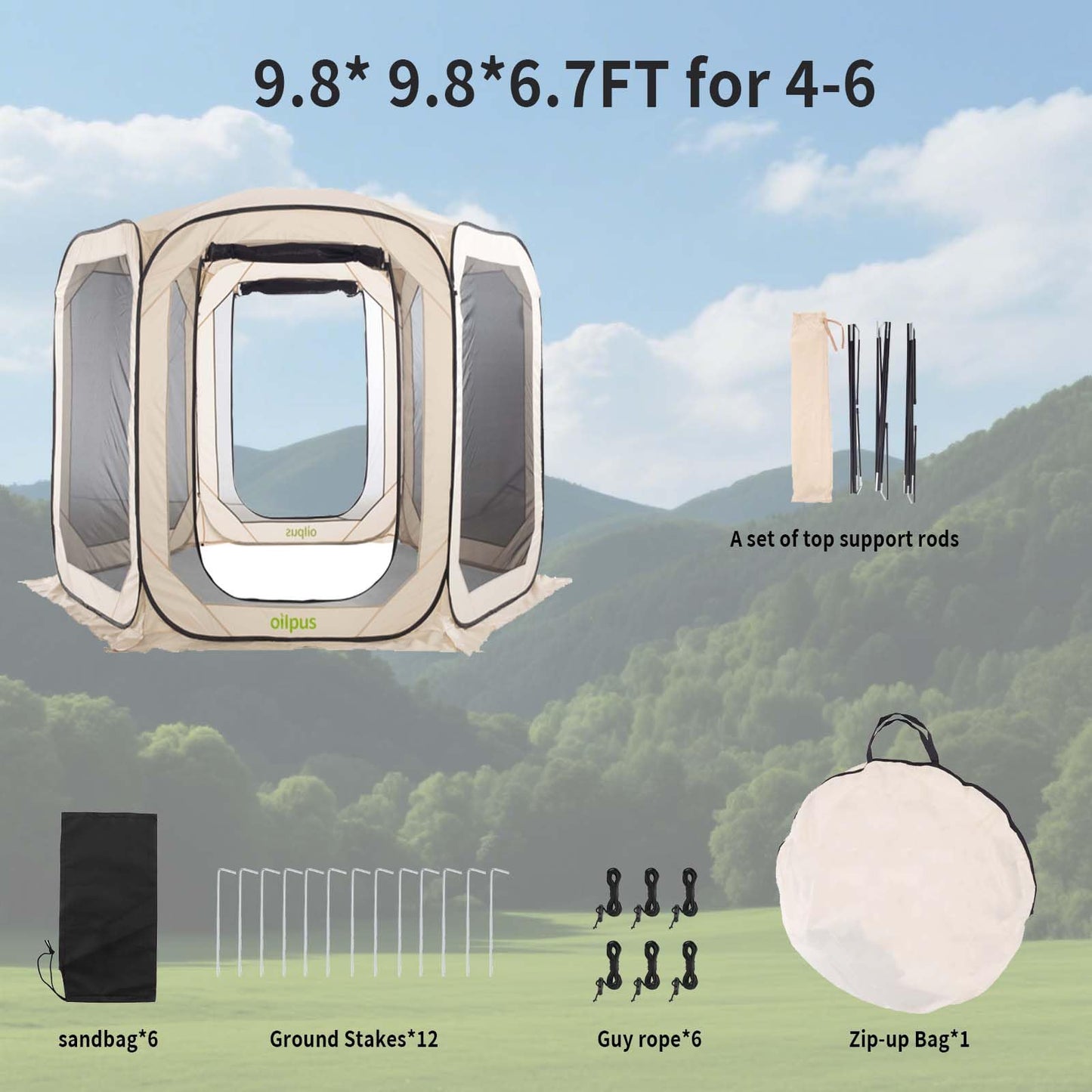 Oilpus Pop-Up Screen House Tent with Mosquito Netting 10x10 FT for 4–6, Portable Screen Room Canopy for Patio, Backyard, Camping, Deck & Outdoor Activities, Resistant Roof UV Gazebo with Carry Bag
