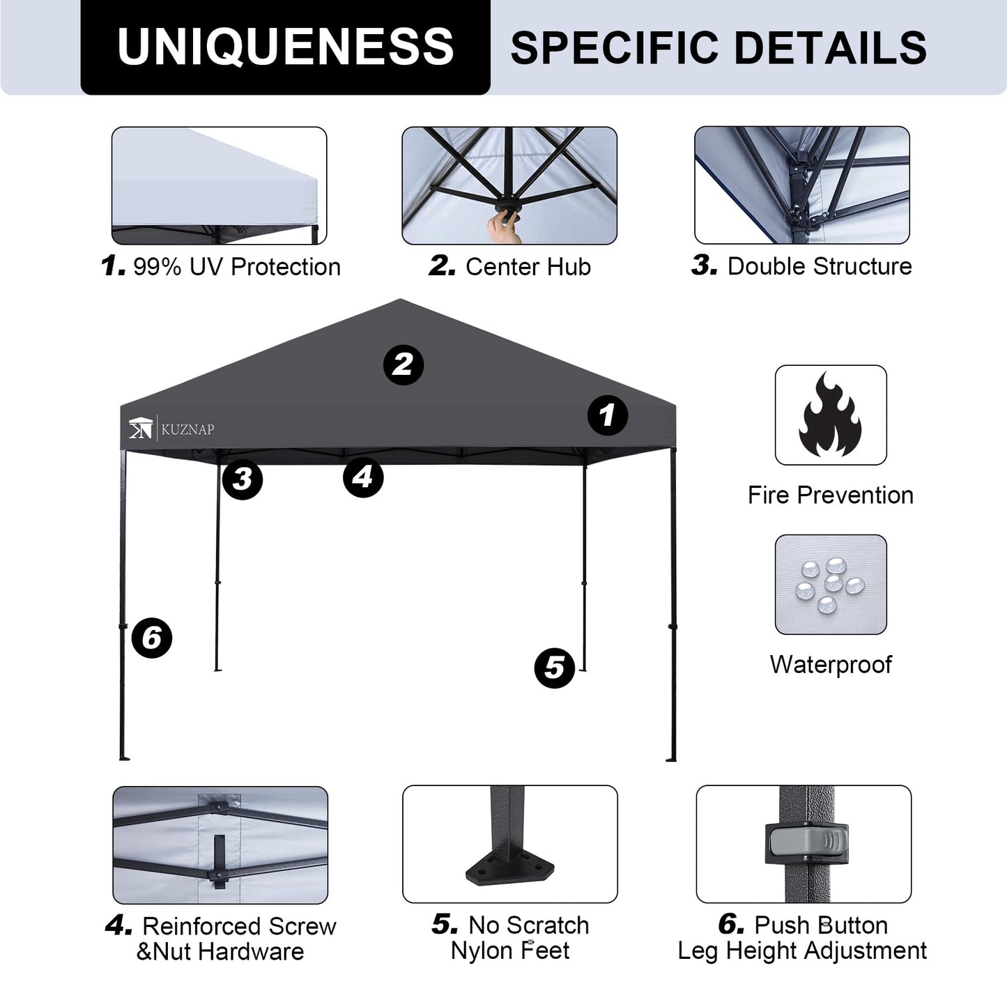 KUZNAP 12’x12’ Pop up Canopy Tent Patented EZ Set up Instant Outdoor Canopy with Wheeled Carry Bag Bonus 4 Weight Sandbags, 8 Stakes and 4 Ropes， Grey