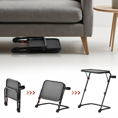 Homy Casa Folding End Table with Cup Holder, Compact Sofa Side Table for Small Spaces, Tucks Under Couch for Storage, Lightweight Snack Table for Living Room & Bedroom, Black (Set of 2)