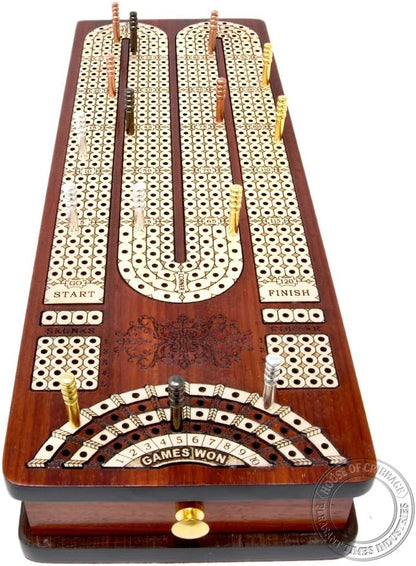 Continuous Cribbage Board Bloodwood/Maple and Side Pull Drawers - 4 Tracks with Place to Mark Won Games - House of Cribbage