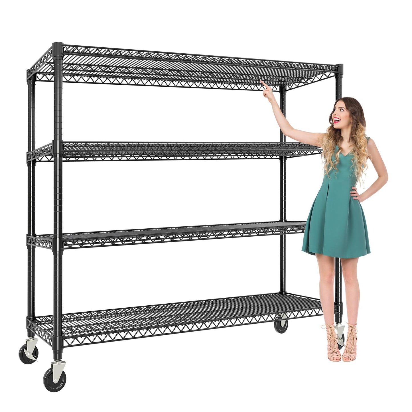 Garvee Metal Shelving 4-Tiers with Wheels, 2640LBS Heavy Duty Storage Shelves for Garage Kitchen, Rolling Shelving Units Wire Rack with Feet, 59" Wx71.8 Hx17.7 D,Adjustable & Easy Assemble, Black