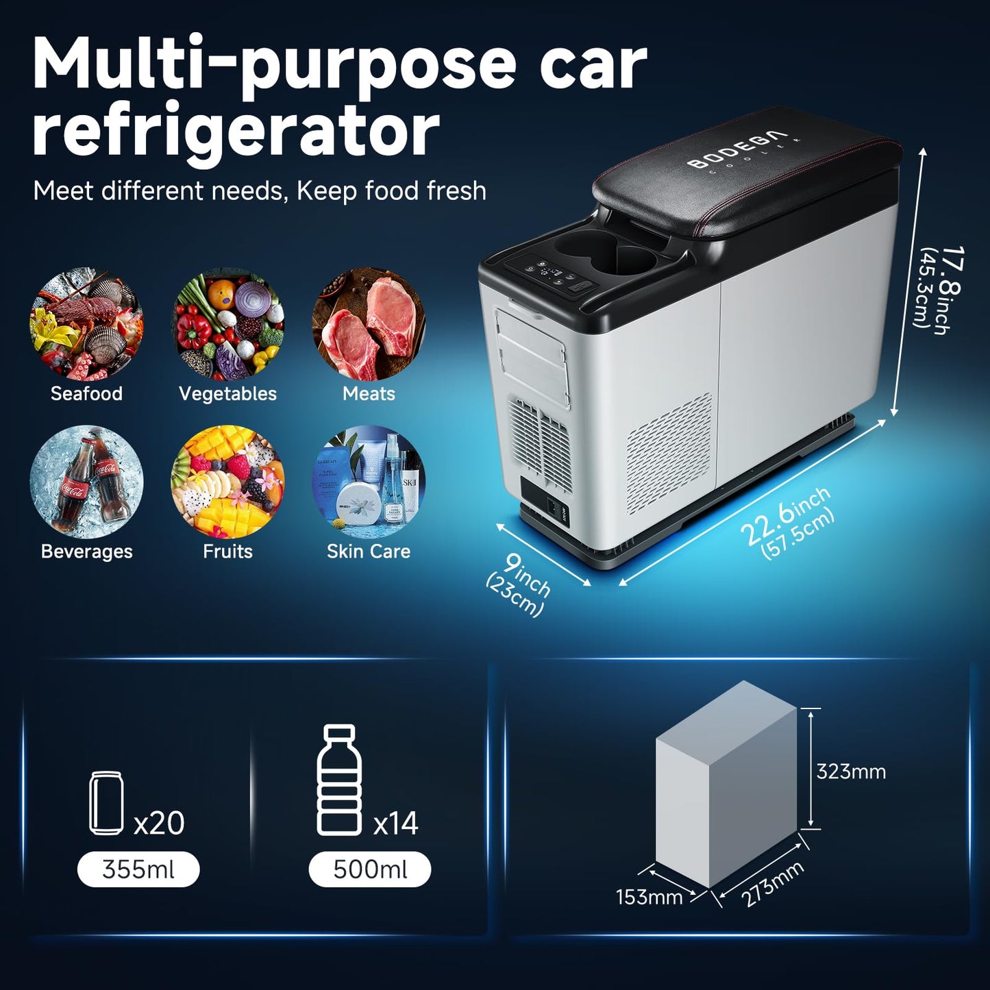 BODEGACOOLER 12-Volt Refrigerator, 16-Quart(15L) Car Fridge, Portable Refrigerator (-4℉ to 68℉), 12/24V DC for Outdoor, Vehicles, Camping, Travel