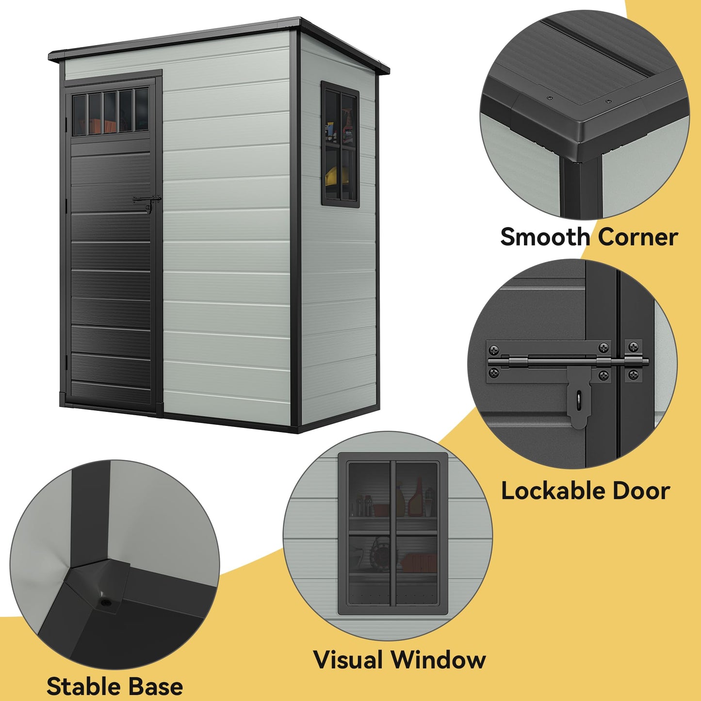 DWVO Outdoor Storage Shed 5x3FT with Fence-Style and Side Windows, Floor & Lockable Doors, Plastic Storage Shed, Storage Shed for Backyard and Garden