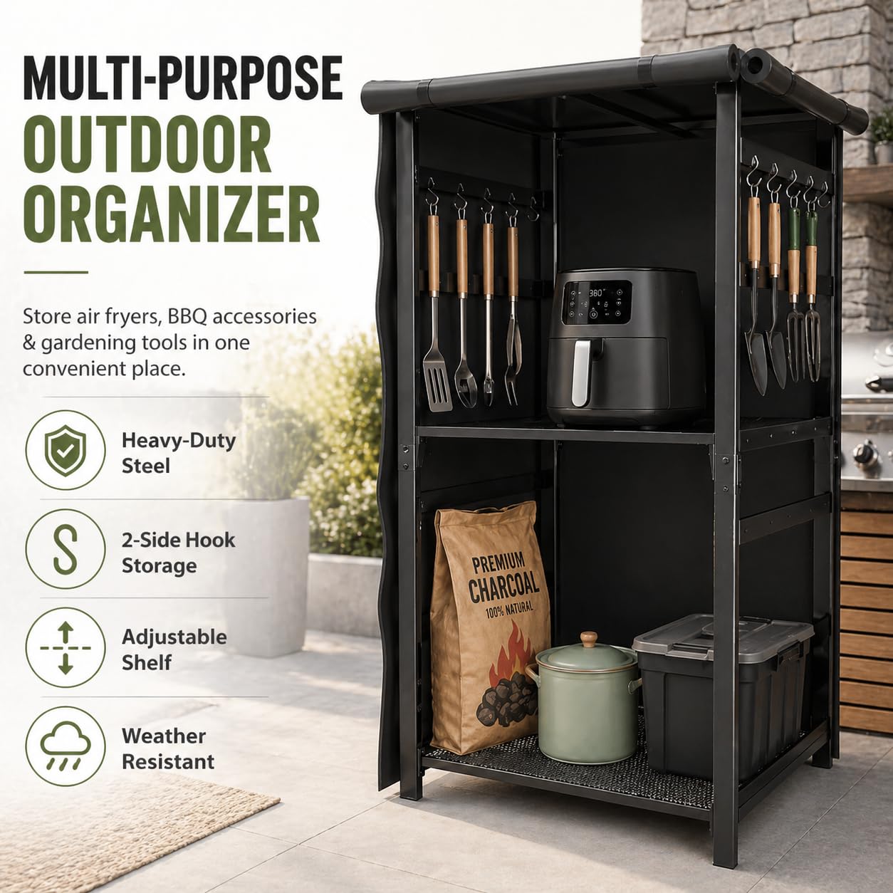 53 inch Multi-Purpose Outdoor Storage Organizer for Air Fryers, BBQ Tools and Gardening Gear – Heavy Duty Metal Utility Shelf with Adjustable Layers, Double Side Hooks and Compact Patio Design