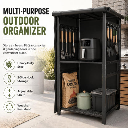 53 inch Multi-Purpose Outdoor Storage Organizer for Air Fryers, BBQ Tools and Gardening Gear – Heavy Duty Metal Utility Shelf with Adjustable Layers, Double Side Hooks and Compact Patio Design