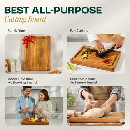 Yes4All Extra Large Acacia Wood Cutting Board for Kitchen, 24''L x 15''W x 1.5'' Thick, Durable Edge Grain Design with Juice Grooves, Pre-Oiled, Easy Grip Handle, Ideal for Chopping and Serving