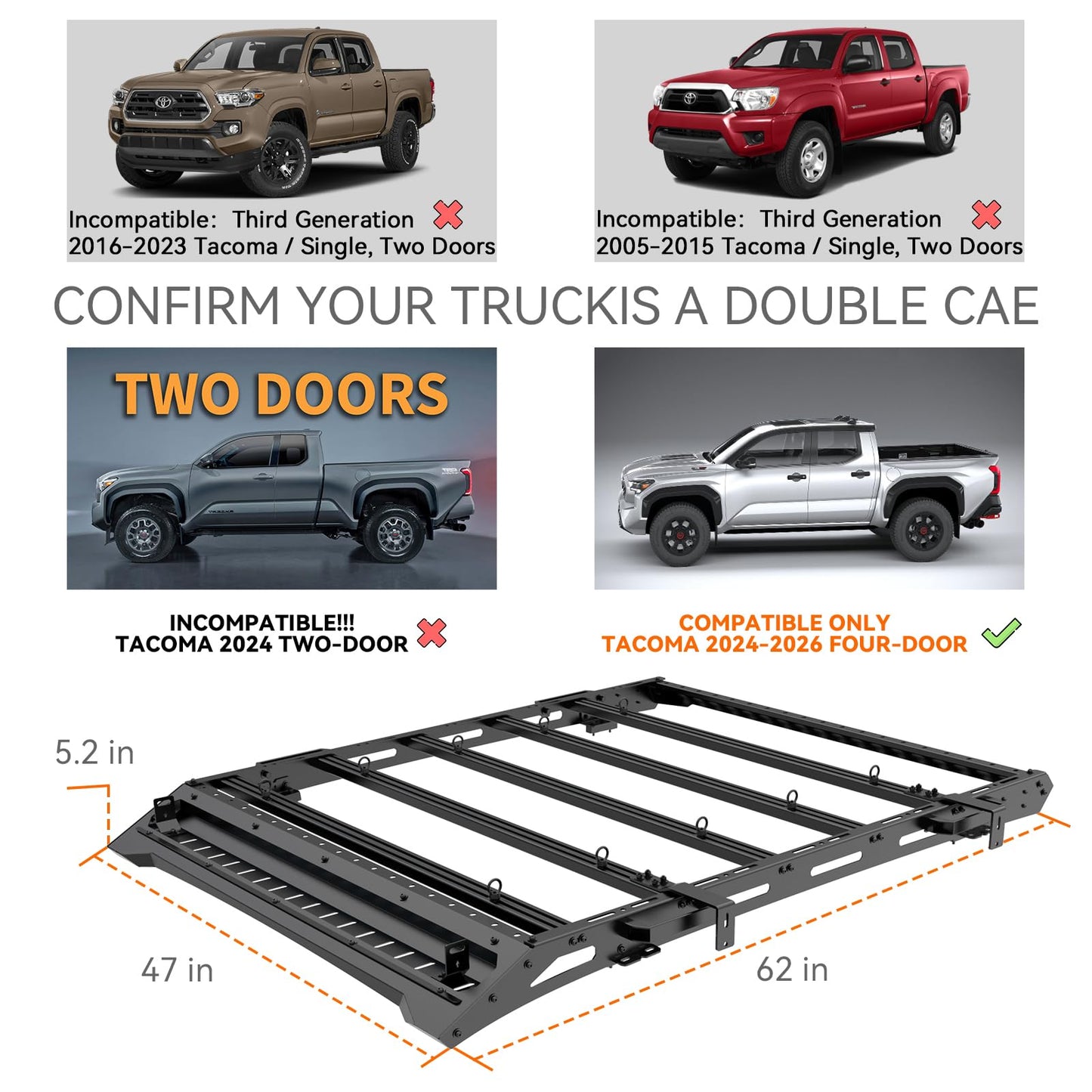 Titan Series Heavy Duty | Roof Rack for 4th Generation Compatible with only 2024, 2025, 2026 Tacoma/TRD Pro Version Double Cab 4 Door Pickup | with Handle/Side Awning Stand | No Drilling Installation
