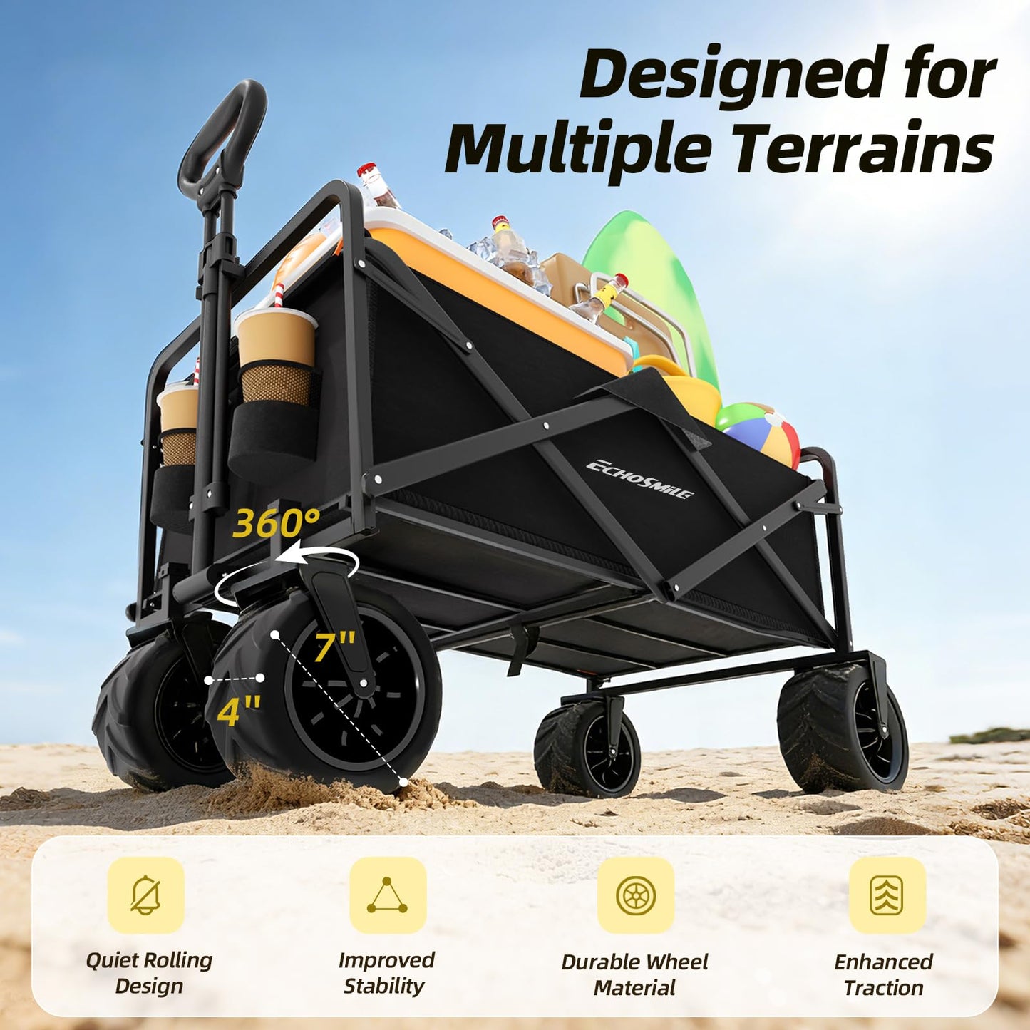 EchoSmile Heavy Duty 350 Lbs Capacity Collapsible Wagon, Outdoor Folding Camping Grocery Portable Utility Cart, Adjustable Rolling Carts, All Terrain Sports Wagon with Big Wheels (Black)