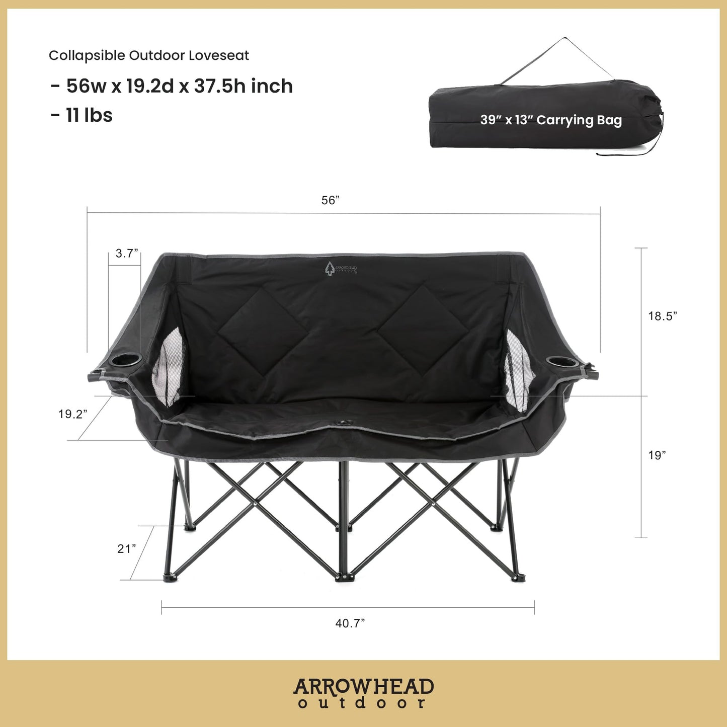 ARROWHEAD OUTDOOR 2-Pack Portable Folding Double Duo Camping Chair Loveseat w/ 2 Cup & Wine Glass Holder, Carrying Bag, Supports up to 650lbs