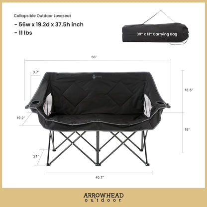 ARROWHEAD OUTDOOR 2-Pack Portable Folding Double Duo Camping Chair Loveseat w/ 2 Cup & Wine Glass Holder, Carrying Bag, Supports up to 650lbs