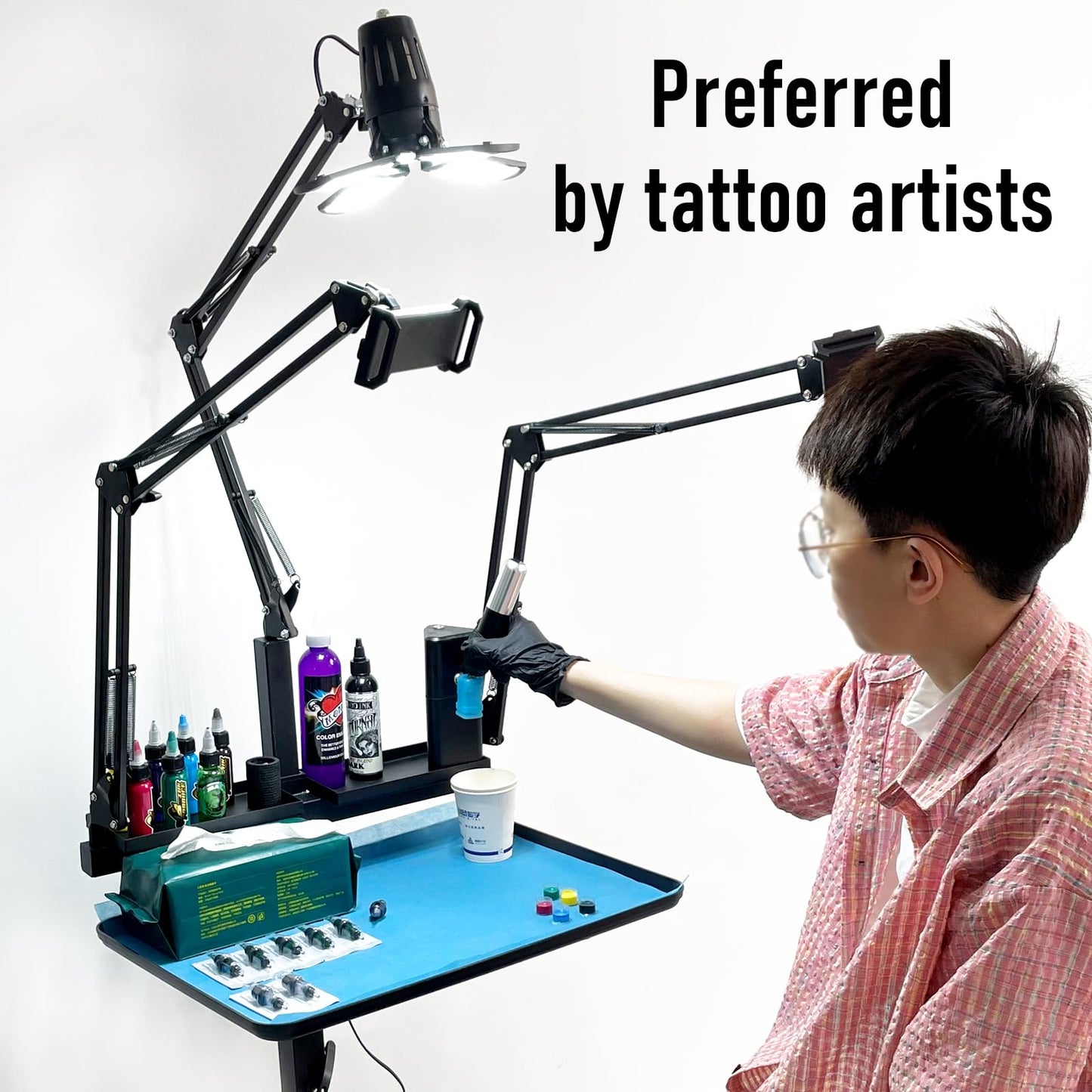 GBK Tattoo Workstation with 60W 360° LED Light, Extra-Large Magnetic Detachable Tray, Rolling Cart with Dual Phone/Tablet Stands, Salon Trolley for Tattoo Studio Artist Nail Tech