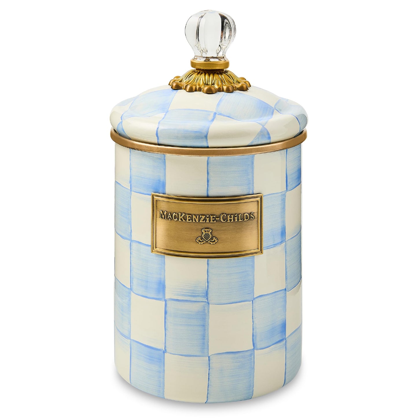 MACKENZIE-CHILDS Enamel Canister, Kitchen Storage Container with Lid, Medium, 48-Ounce Capacity, Light-Blue-and-White Sky Check