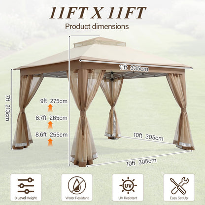 11x11 Pop Up Gazebo, Instant Waterproof Outdoor Canopy Tent with Removable Mesh Netting, UV Protection Portable Sun Shelter with Wheeled Cover Bag for Patio Backyard, Khaki
