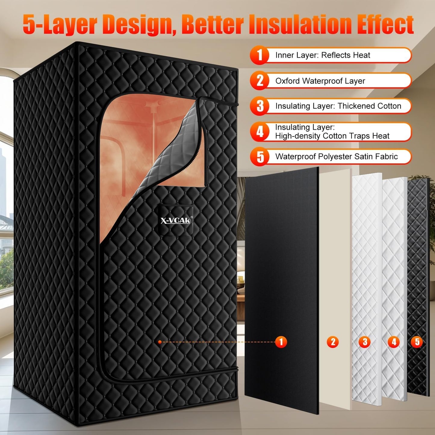 X-Vcak Portable Steam Sauna Tent for Home, Steam Sauna for Home with Steamer, 9 Temp Levels & 99 Min Timer, 5-Layer Waterproof Insulated, Folding Chair