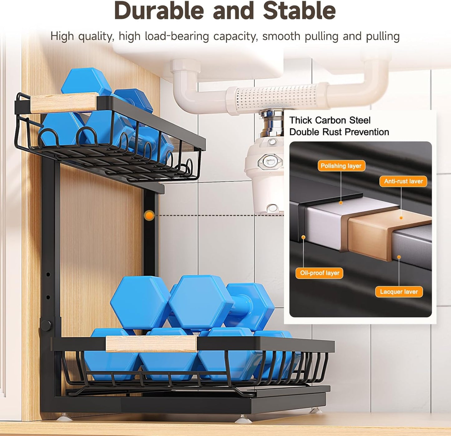 Sevenblue Under Sink Organizer - Height Adjustable 2-Tier Storage Shelf for Kitchen & Bathroom (Black, Large)