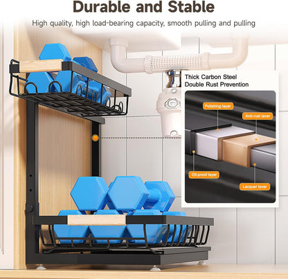 Sevenblue Under Sink Organizer - Height Adjustable 2-Tier Storage Shelf for Kitchen & Bathroom (Black, Large)