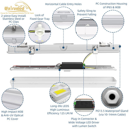 2FT LED Vapor Tight Light, IP65 IK08, 10W(1250lm)/20W(2500lm), 3/4/5000K CCT Selectable, 100-277V, Outdoor Waterproof Shop Light, Vapor Proof Lighting Fixture for Carport Parking Garage, FCC 2-Pack