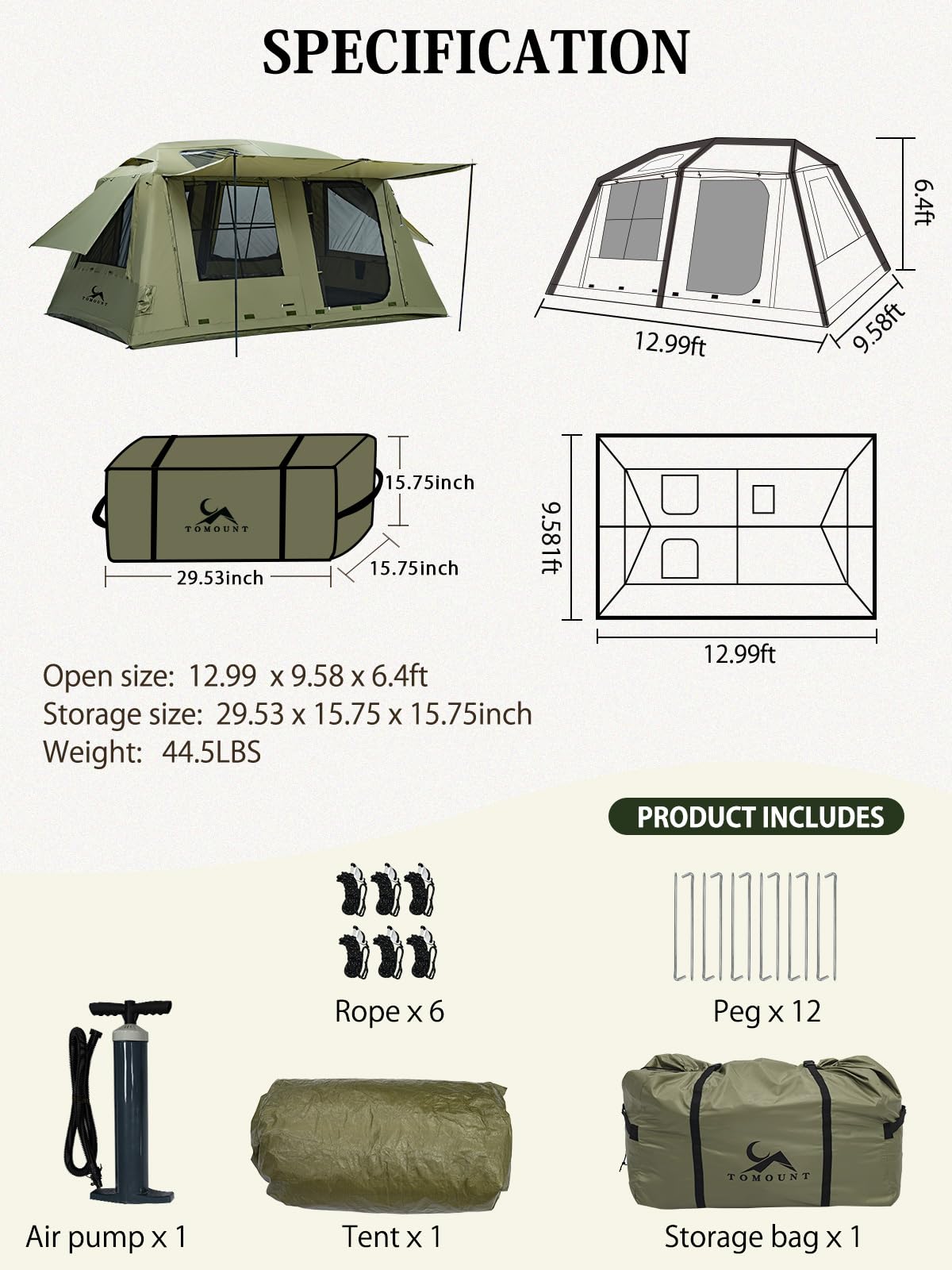 MC TOMOUNT Inflatable Tents for Camping, 6/8/10 Person Large Family Blow Up Camping Tent with 2 Doors 4 Windows 2 Skylights, Double Layer Waterproof Air Glamping Tent for Outdoor Camping Picnic Party