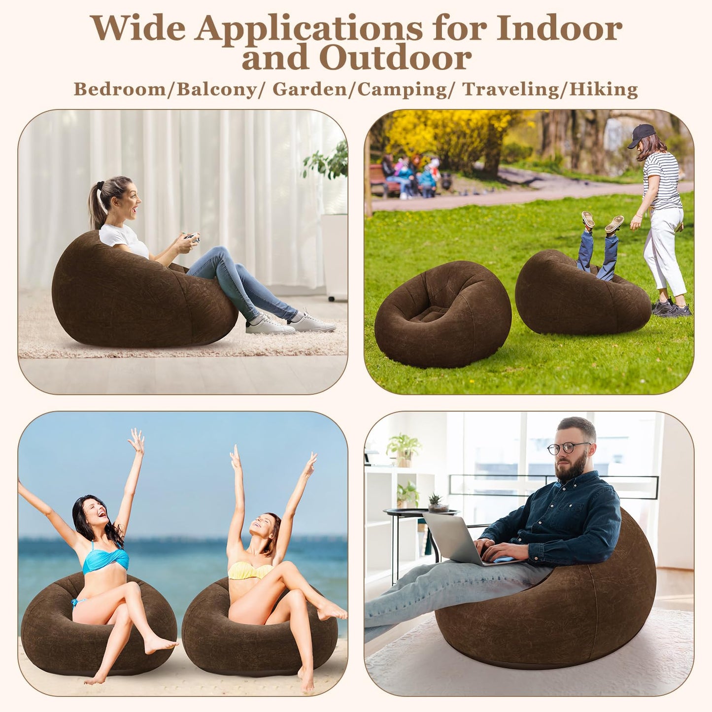 Realspring Inflatable Bean Bag Chairs Outdoor Blow up Camping Chairs Inflatable Lazy Sofa Folding Portable Bean Bag Loungers Couch(Dark Coffee,6 Pcs)