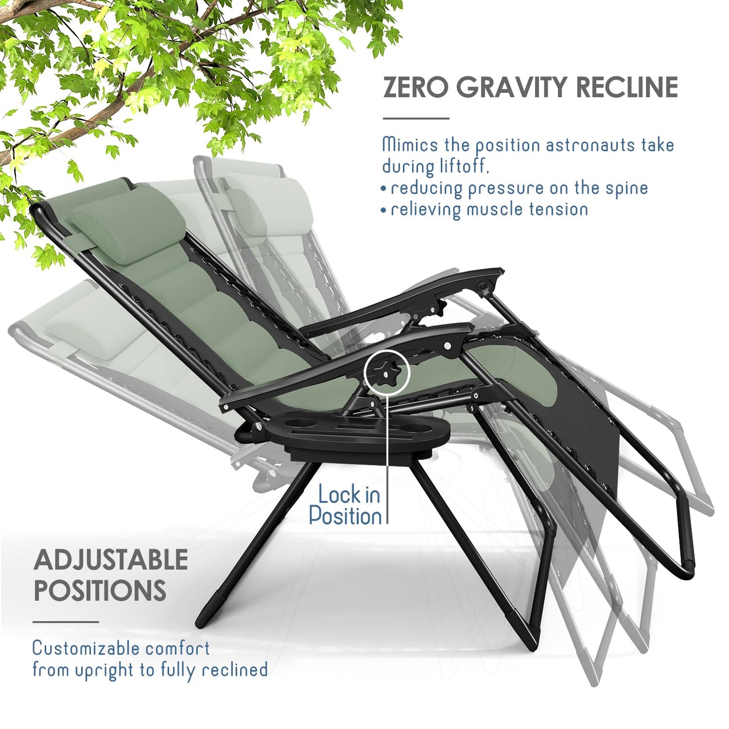 Nestl Outdoor Padded Zero Gravity Chair Set of 2, Patio Lounge Chair Outdoor Recliner, Oversized Anti Gravity Lounger with Adjustable Headrest and Cup Holder, Foldable for Camping- Black/Sage Green