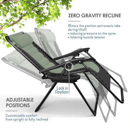 Nestl Outdoor Padded Zero Gravity Chair Set of 2, Patio Lounge Chair Outdoor Recliner, Oversized Anti Gravity Lounger with Adjustable Headrest and Cup Holder, Foldable for Camping- Black/Sage Green