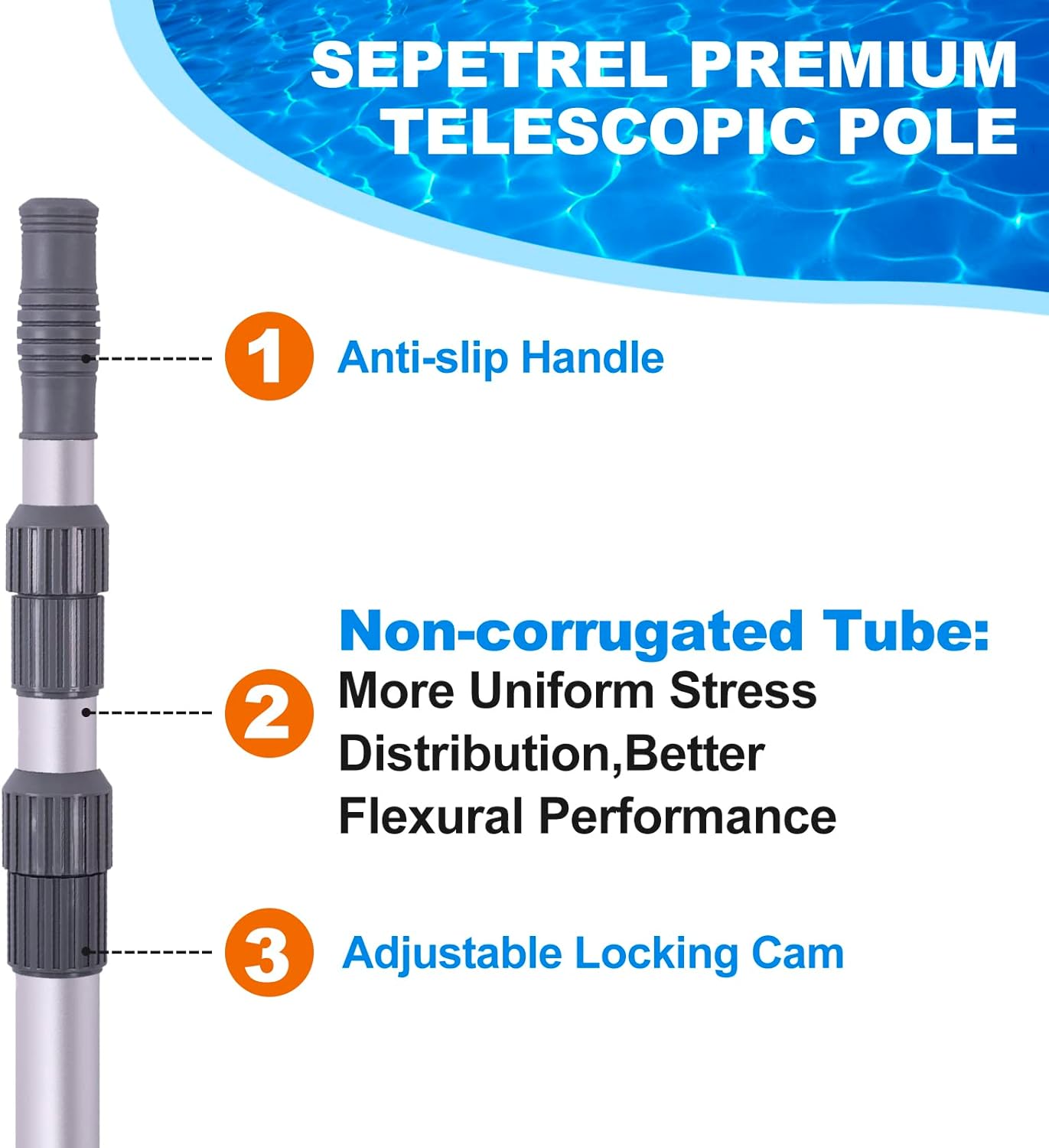 Sepetrel Pool Pole - 12-Foot Telescoping Cleaning Pole for Skimmer Net, Brush & Vacuum Head