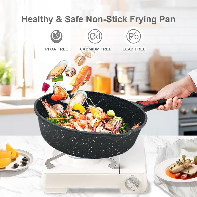 AIKENBBKK 12 Inch Frying Pans Nonstick with Lid, 5 Qt Large Deep Frying Pan Skillet with Cover, Non Stick Cooking Sauté Pan Compatible with All Stovetops, Detachable Handle, Oven Safe, PFOA PFOS Free