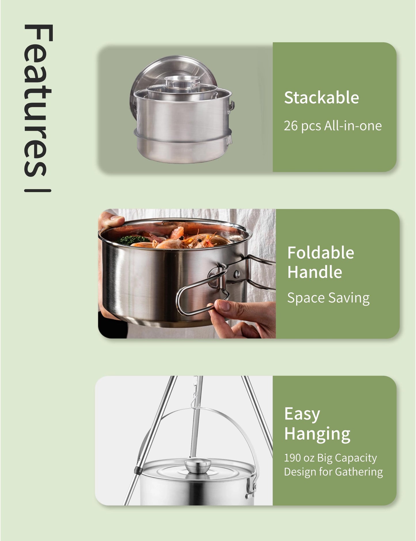 CretFine CompactKit Camping Cookware Set Stainless Steel Pots and Pan with Detachable Handle and Oxford Cloth Bag, for 4-8 Mess Kit with Utensils for Camp Kitchen, Picnic, BBQ, Traveling, Emergency
