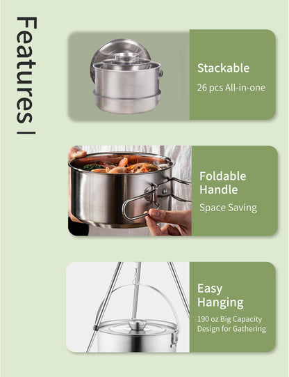 CretFine CompactKit Camping Cookware Set Stainless Steel Pots and Pan with Detachable Handle and Oxford Cloth Bag, for 4-8 Mess Kit with Utensils for Camp Kitchen, Picnic, BBQ, Traveling, Emergency