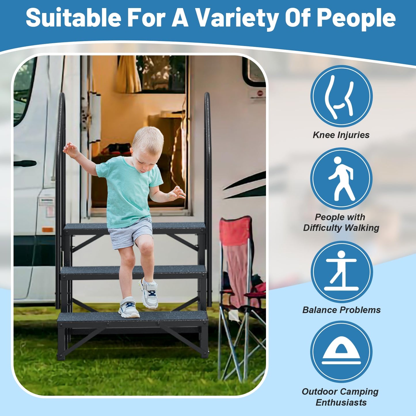 Rv Steps with Handrail 3 Step,Hot Tub Steps with Anti-Slip Mats,Heavy Duty Metal Mobile Home Stairs,Camper Steps for Travel Trailer,Portable Step Ladder for Spa,Pool and Porch