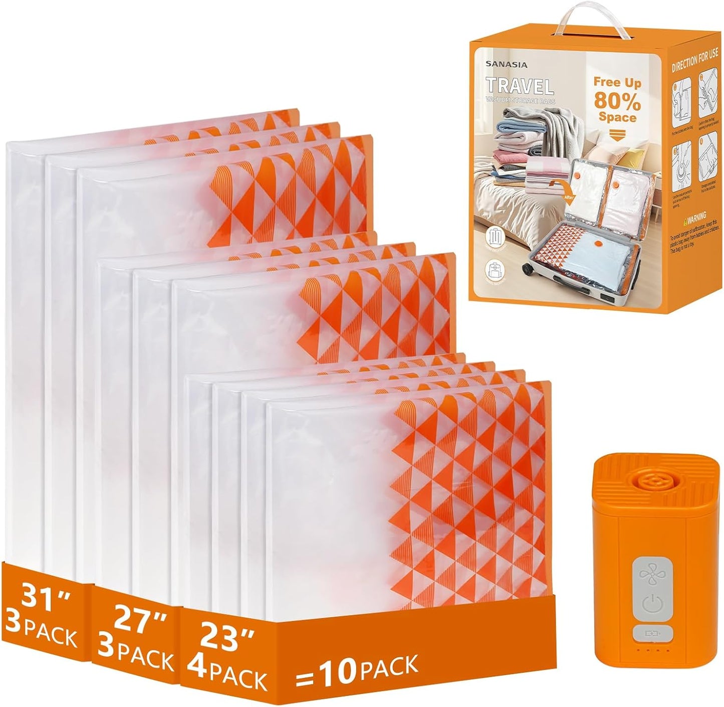 Skiennix Vacuum Storage Bags - 10 Pack with Wireless Rechargeable Pump | Space Saver for Travel & Luggage