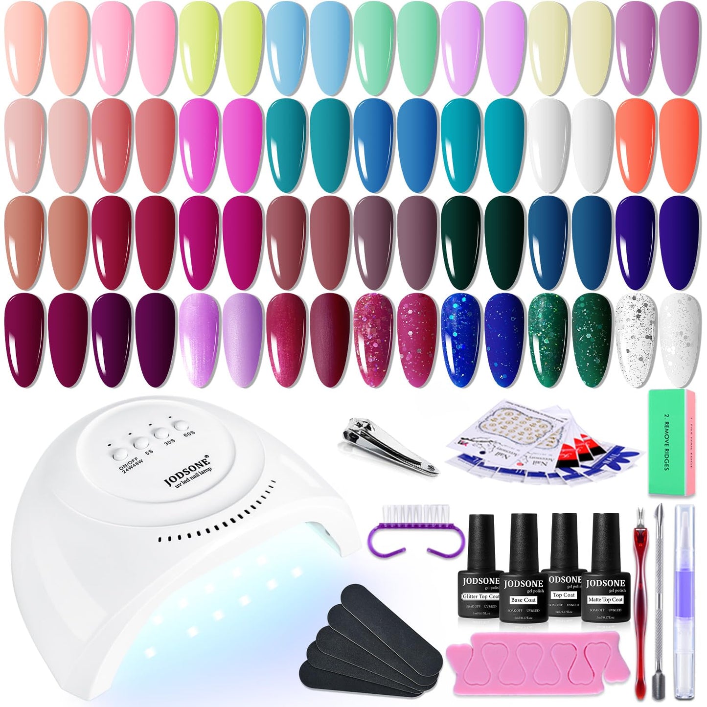 JODSONE Gel Nail Polish Kit with U V Light 32 Colors Gel Polish Nail + 4 Functional Adhesive Bottles Kit Soak Off Manicure Tools Gifts for Women