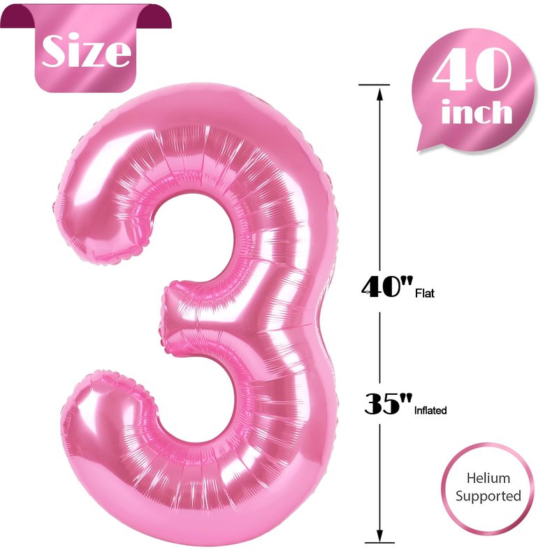 Pink Number 3 Balloon 40 Inch, 3rd Birthday Celebration Supplies for Girls Boys Women Men, 3 Balloon for Girls Boys Theme Party