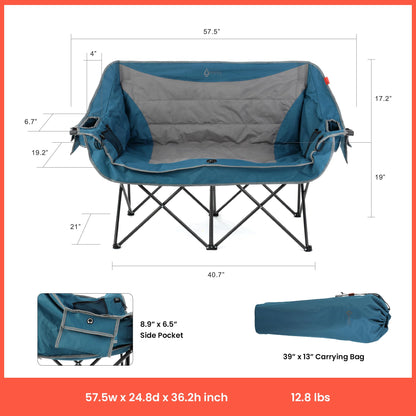 ARROWHEAD OUTDOOR 57" Wide Duo Foldable Heated Camping Loveseat Chair with 3-Stage Heating, Large Cup Holders, Glass Holders, Side Pockets, and Storage Pouches - Blue and Grey