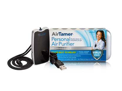 AirTamer A310 Personal Air Purifier Necklace – Rechargeable Wearable Air Cleaner for Travel, Office & Everyday Use - Silent, Lightweight, Black with Metal Case