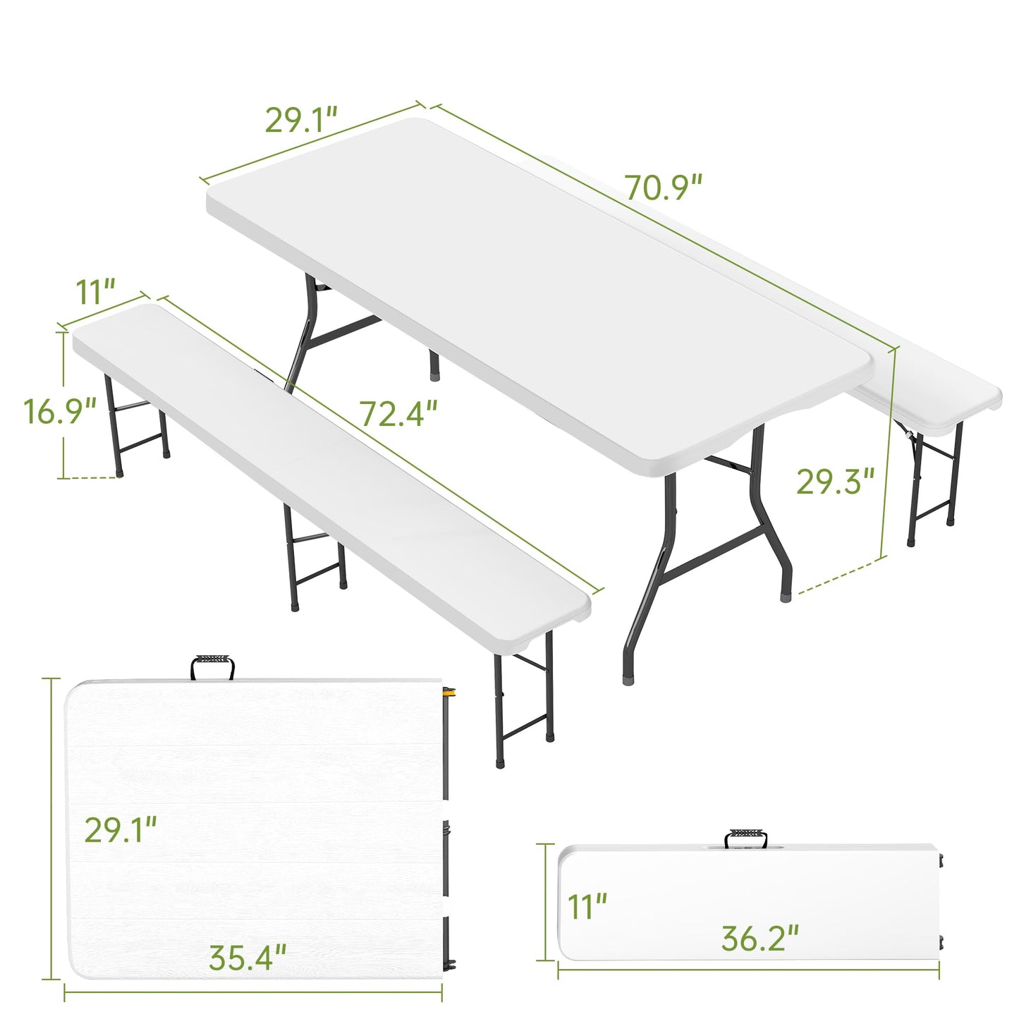 Real Relax 6' Picnic Table with 2 Benches, 3 Piece White Portable HDPE Folding Camping Table and Benches for Courtyard, Garden, Outdoor Leisure, Party