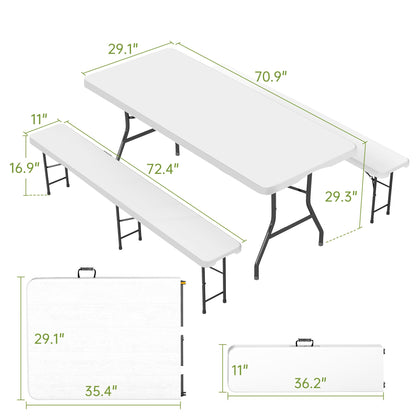 Real Relax 6' Picnic Table with 2 Benches, 3 Piece White Portable HDPE Folding Camping Table and Benches for Courtyard, Garden, Outdoor Leisure, Party