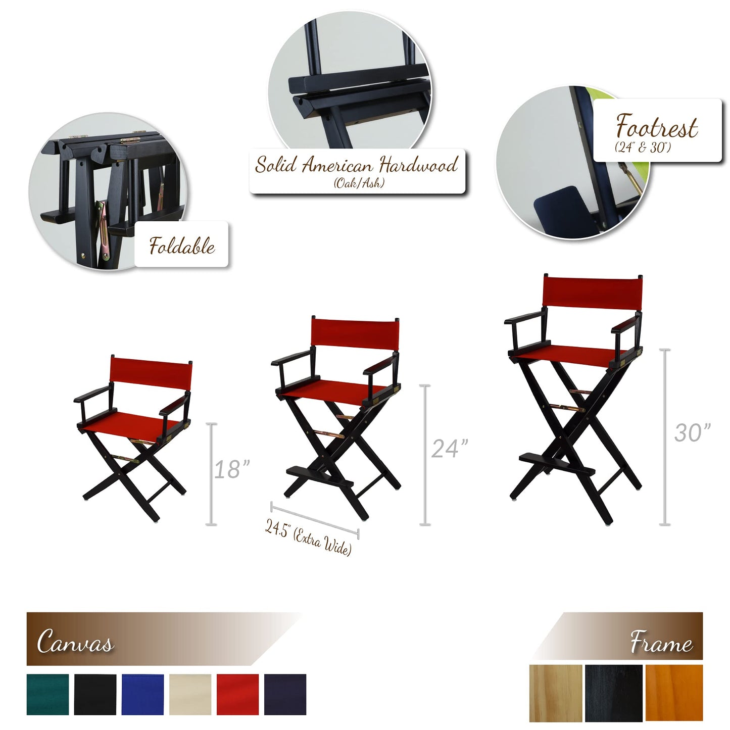 Casual Home American Trails Extra-Wide Premium Directors Chair 30" H Bar Height Black Frame Navy Canvas