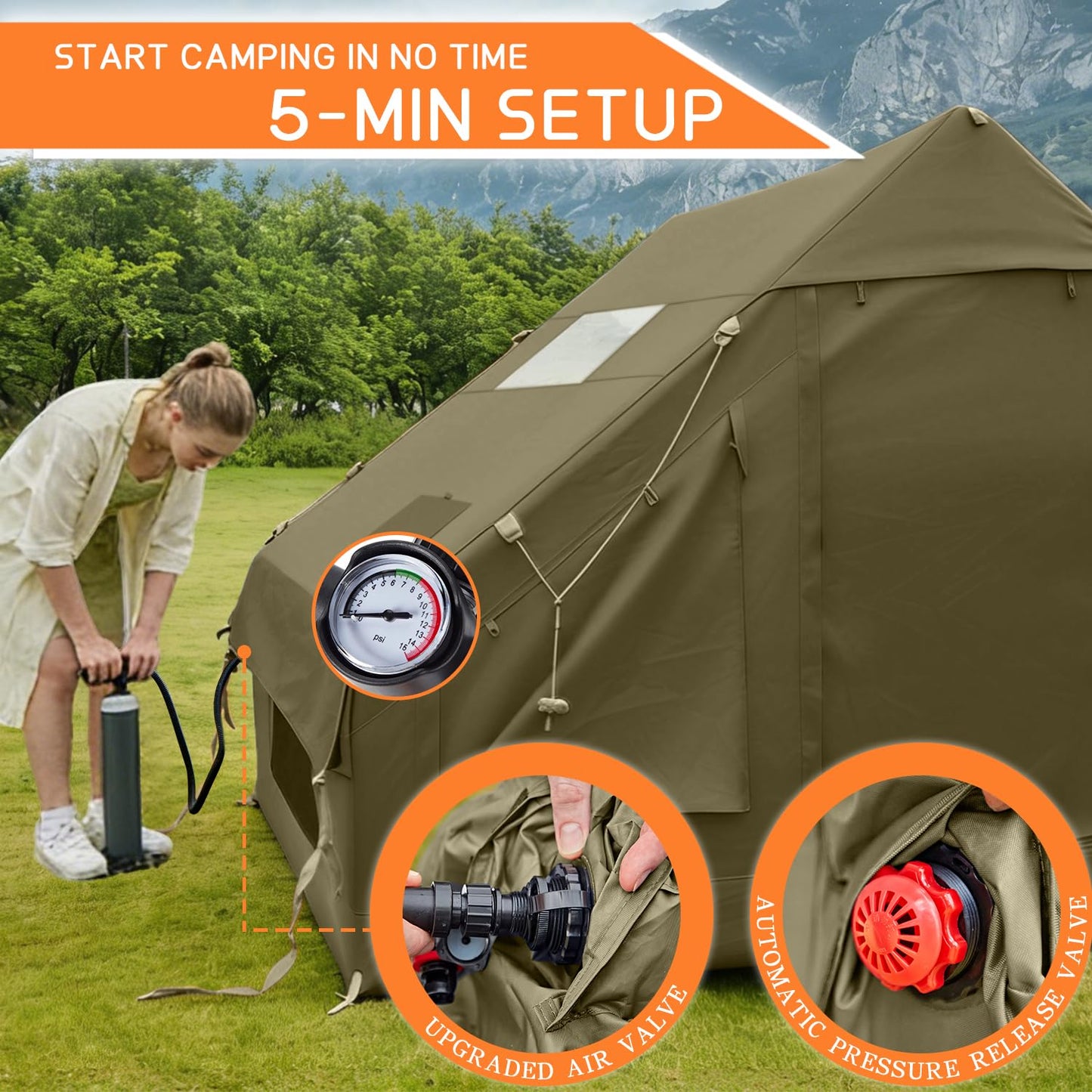 Inflatable Tents for Camping, 4-6 Person Easy Blow Up Tent with Hand Pump,4 Seasons Waterproof Air Inflatable Camping Tent,Hot Tent with Skylight and Stove Jack for Family Camping,Green