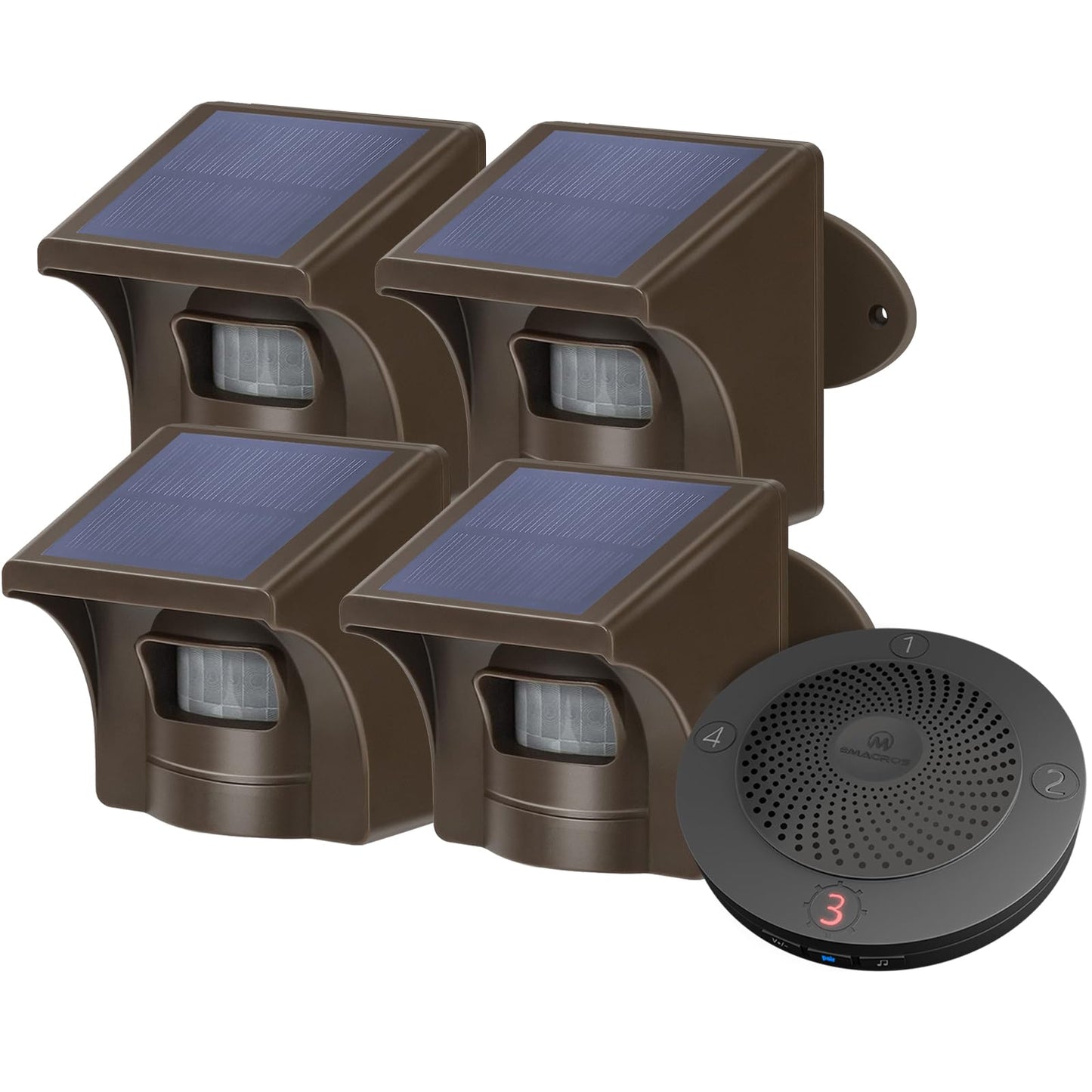 eMACROS Solar Wireless Driveway Alarm System (1/2 Mile Range, 1 Receiver & 4 Solar Sensors) - Weatherproof Outdoor Motion Detector for Farm, Long Driveway & Property Security