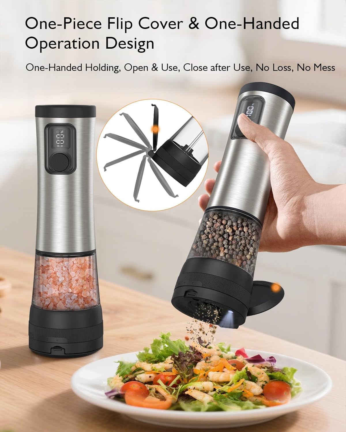 Skiennix Electric Salt and Pepper Grinder Set - Upgraded 2-Speed, Adjustable Coarseness, Rechargeable Stainless Steel Mill with LED Light